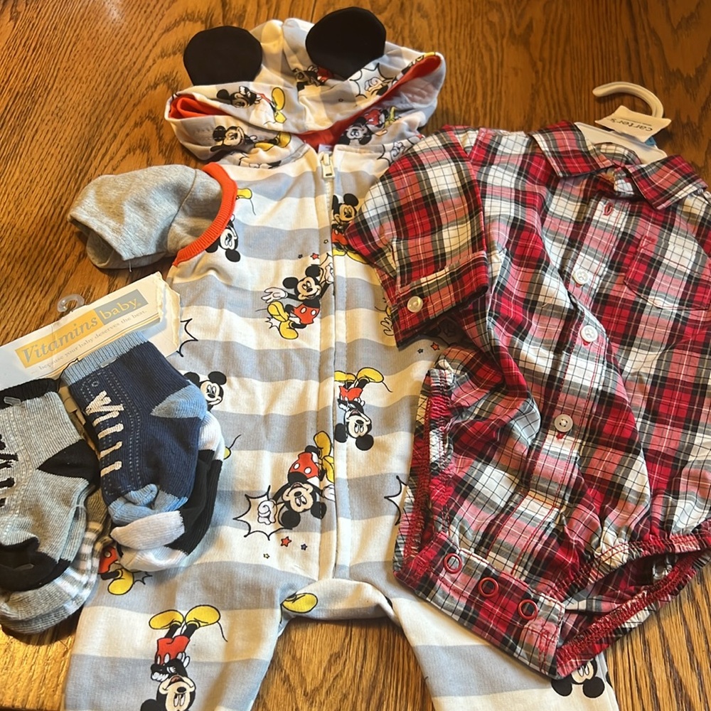 Disney & Carters 3-6 month NWT plaid shirt and romper bundle with socks